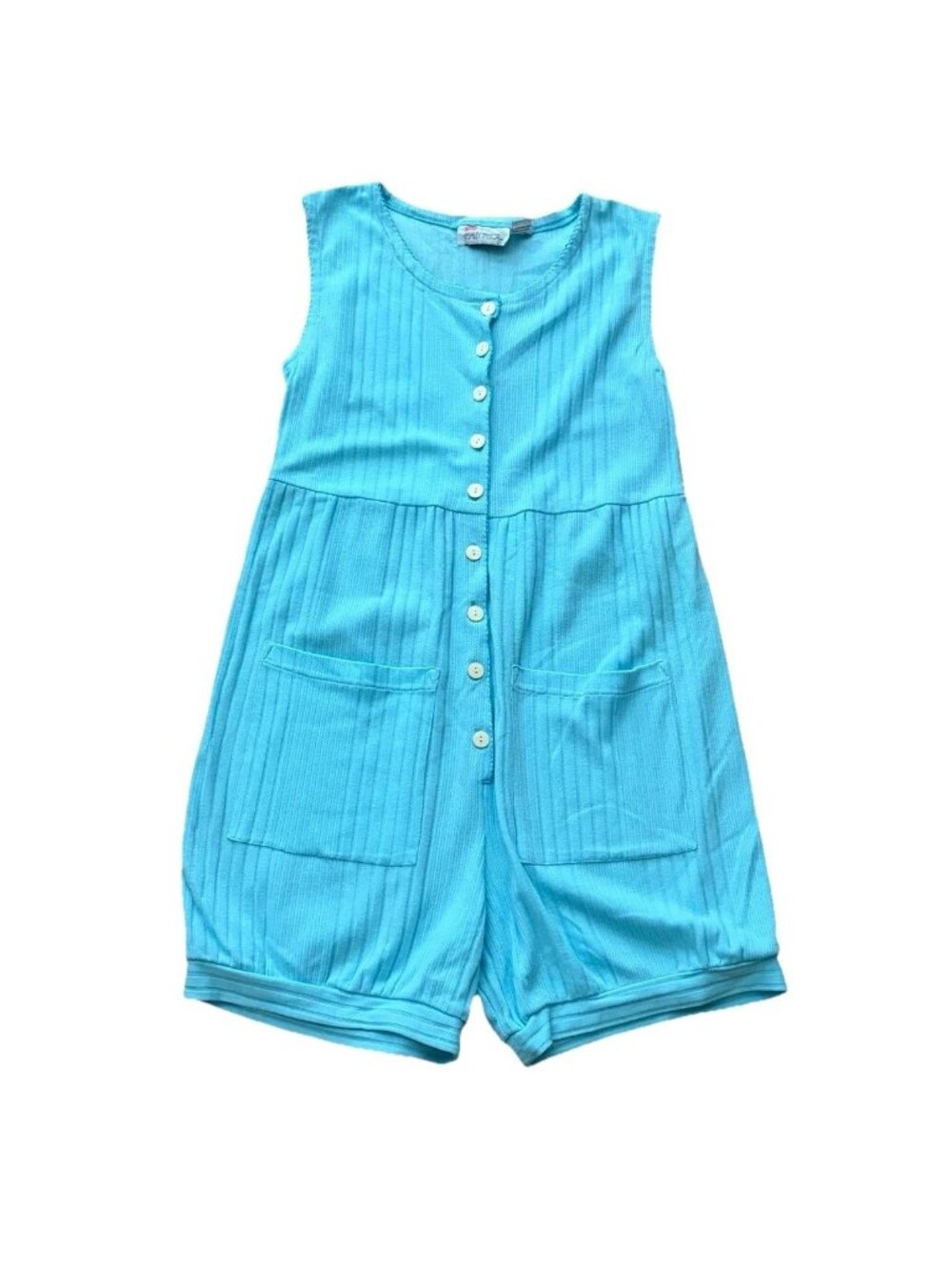 Romper Medium Turquoise Ribbed Knit Sleeveless Pockets Button Casual Loungewear